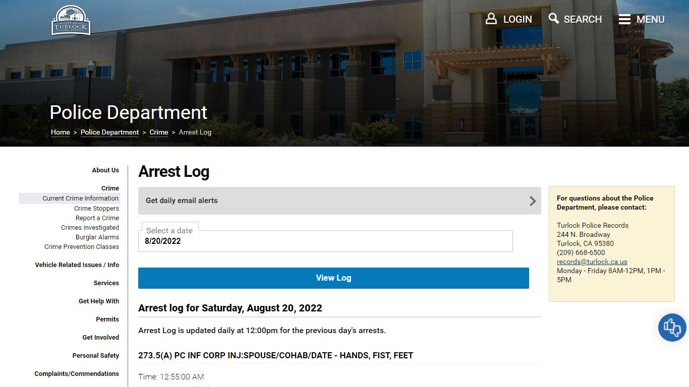 Arrest Log - City of Turlock (Police Department\Crime)